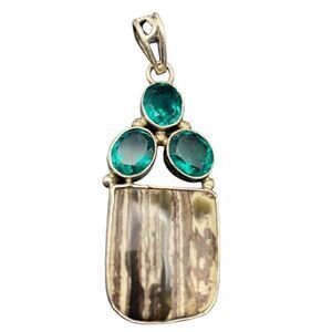 Sterling silver 925 zebra jasper and green CZ pendant necklace